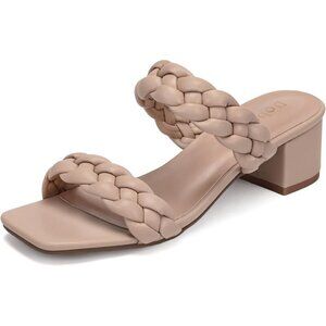 Women's Wide Width Chunky Vintage Square Open Toe Heels Sandals Tan Shoes